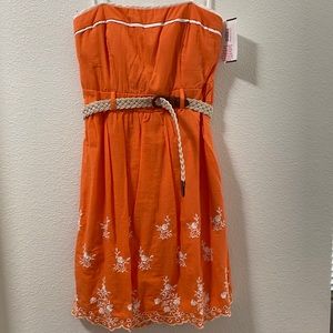 Strapless orange belted floral dress - NWOT